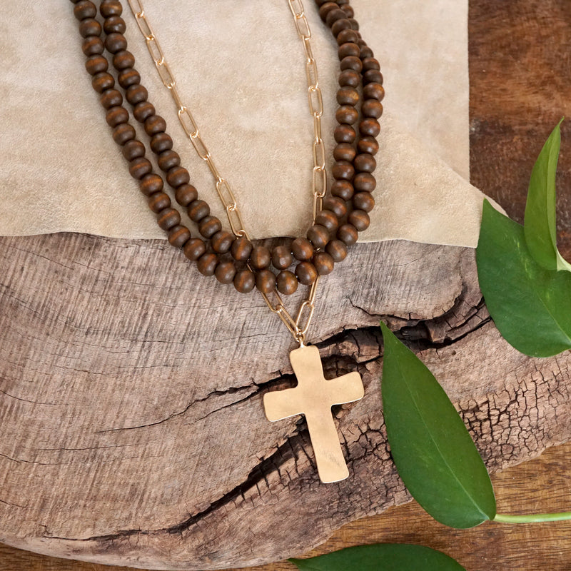 Multi Strand Wood Beads Short Statement Cross Necklace Brown