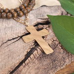 Multi Strand Wood Beads Short Statement Cross Necklace Brown