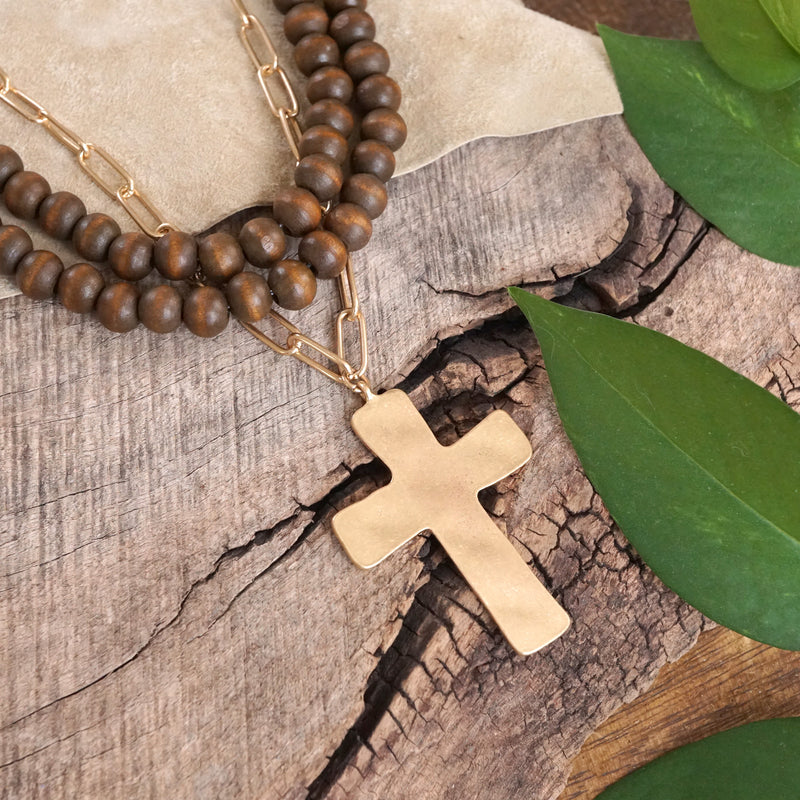 Multi Strand Wood Beads Short Statement Cross Necklace Brown