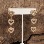 3 Hearts Dangle Post Earrings with Pearls and Crystals – Gold or Silver Tone