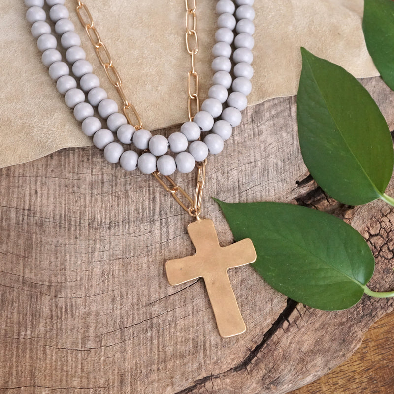 Multi Strand Wood Beads Short Statement Cross Necklace Grey