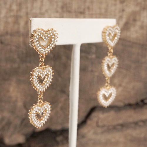 3 Hearts Dangle Post Earrings with Pearls and Crystals – Gold or Silver Tone