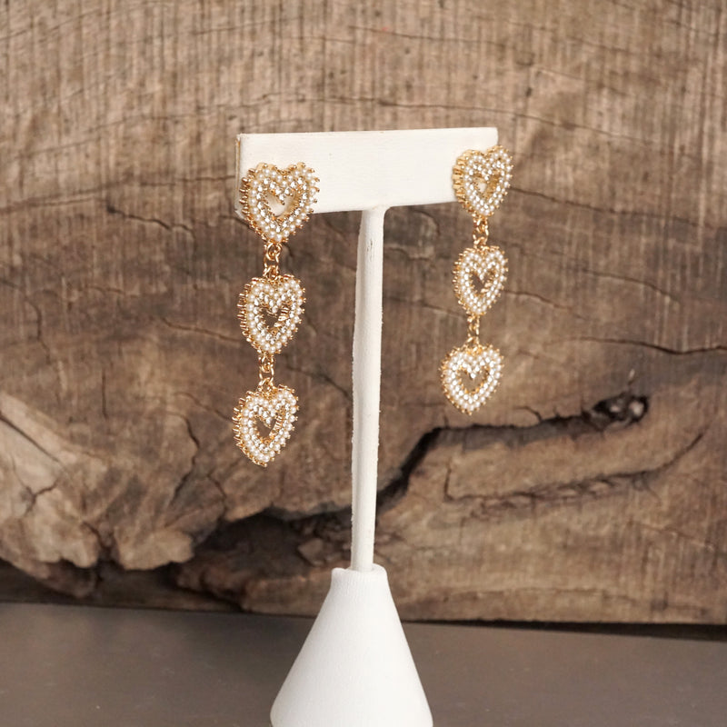 3 Hearts Dangle Post Earrings with Pearls and Crystals – Gold or Silver Tone