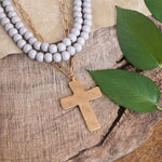 Multi Strand Wood Beads Short Statement Cross Necklace Grey