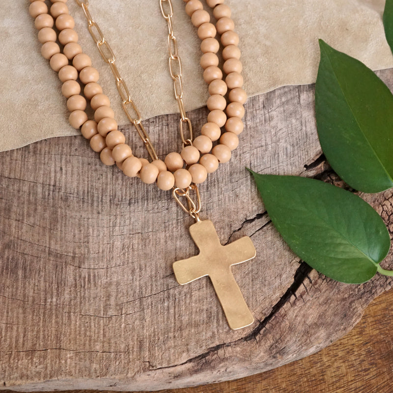 Multi Strand Wood Beads Short Statement Cross Necklace Natural Light Brown