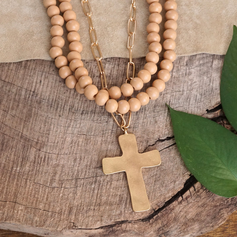 Multi Strand Wood Beads Short Statement Cross Necklace Natural Light Brown