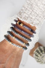 Gray Beaded 5 Bracelets stack stones Acrylic Wooden Golden beads