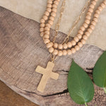 Multi Strand Wood Beads Short Statement Cross Necklace Natural Light Brown