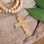 Multi Strand Wood Beads Short Statement Cross Necklace Natural Light Brown