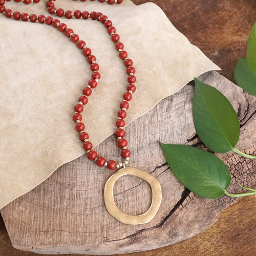 Long Wooden Bead Necklace with gold circle - Red Burgundy Wine