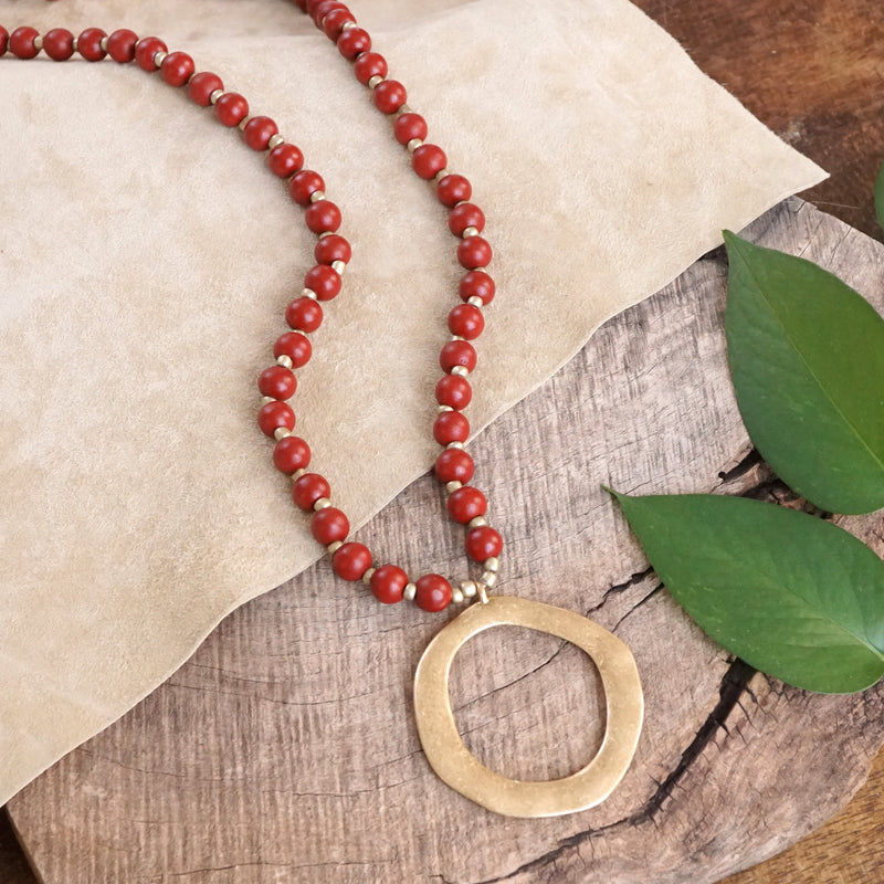 Long Wooden Bead Necklace with gold circle - Red Burgundy Wine