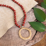 Long Wooden Bead Necklace with gold circle - Red Burgundy Wine