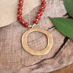 Long Wooden Bead Necklace with gold circle - Red Burgundy Wine