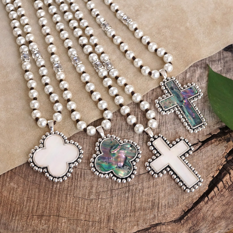 Pearlized beads Necklace with Cross and Clover pendant Mother of Pearl Abalone