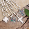 Pearlized beads Necklace with Cross and Clover pendant Mother of Pearl Abalone