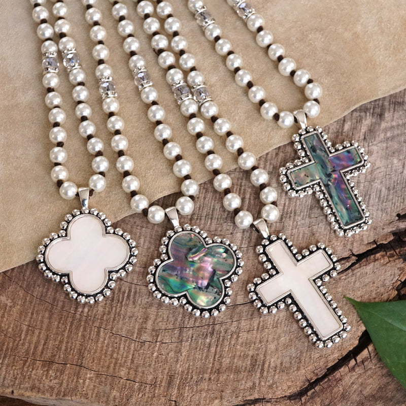 Pearlized beads Necklace with Cross and Clover pendant Mother of Pearl Abalone