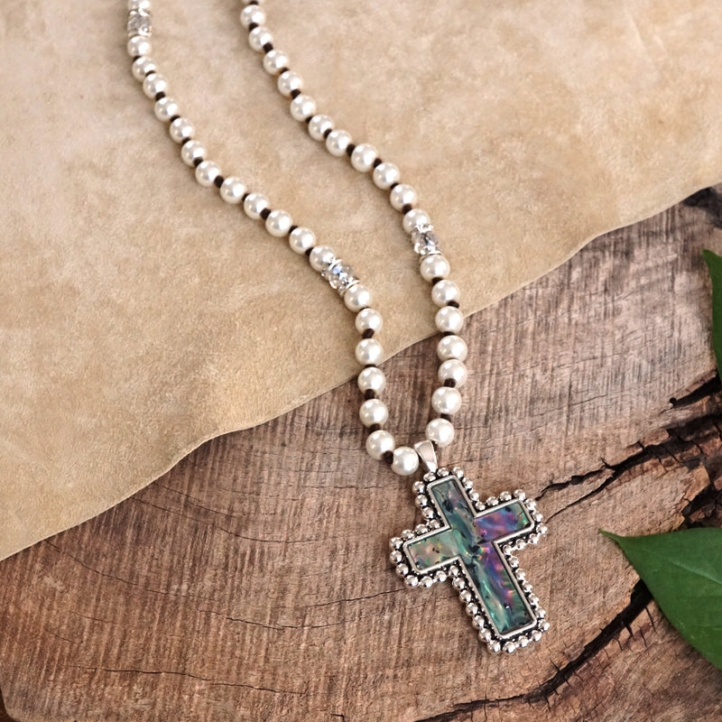 Pearlized beads Necklace with Cross and Clover pendant Mother of Pearl Abalone