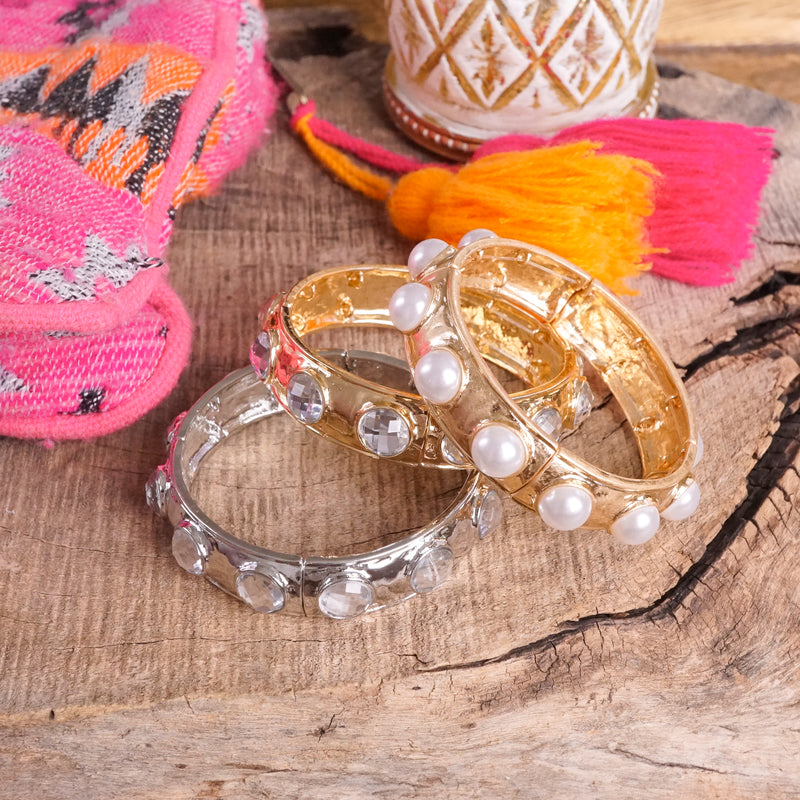 Eternity Statement Bangle Gold Silver Tone Pearls Crystals