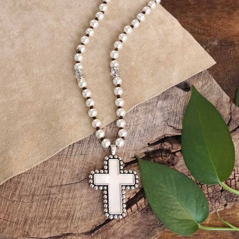 Pearlized beads Necklace with Cross and Clover pendant Mother of Pearl Abalone