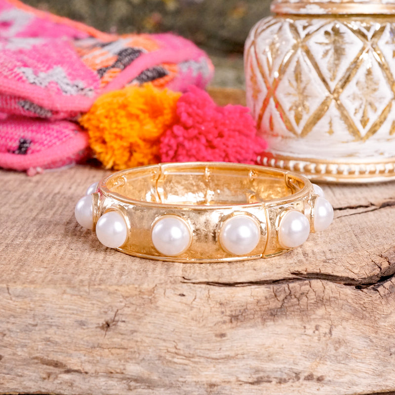 Eternity Statement Bangle Gold Silver Tone Pearls Crystals