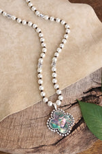 Pearlized beads Necklace with Cross and Clover pendant Mother of Pearl Abalone