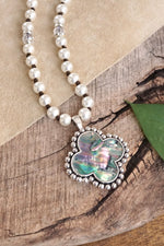 Pearlized beads Necklace with Cross and Clover pendant Mother of Pearl Abalone