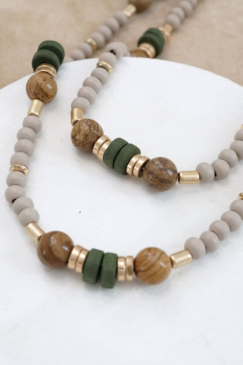 Multi Strand Wooden and Stone Beads Short Statement Necklace in Gray Green Brown and Gold