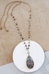 Beaded Agate and Pearls drawstring Long Necklace with Teardrop Agate pendant