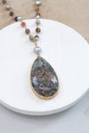 Beaded Agate and Pearls drawstring Long Necklace with Teardrop Agate pendant