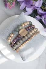 Bracelet Stack of 4 pieces purple and Gray Semi-precious glass wood and metal beads