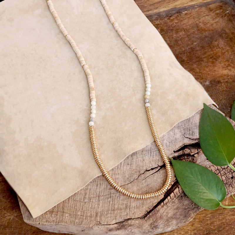 Boho Long Necklace with Wood Amazonite and Gold Tone Beads