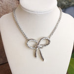 Large Rope Textured Bow Pendant Statement Necklace Gold Silver Tone