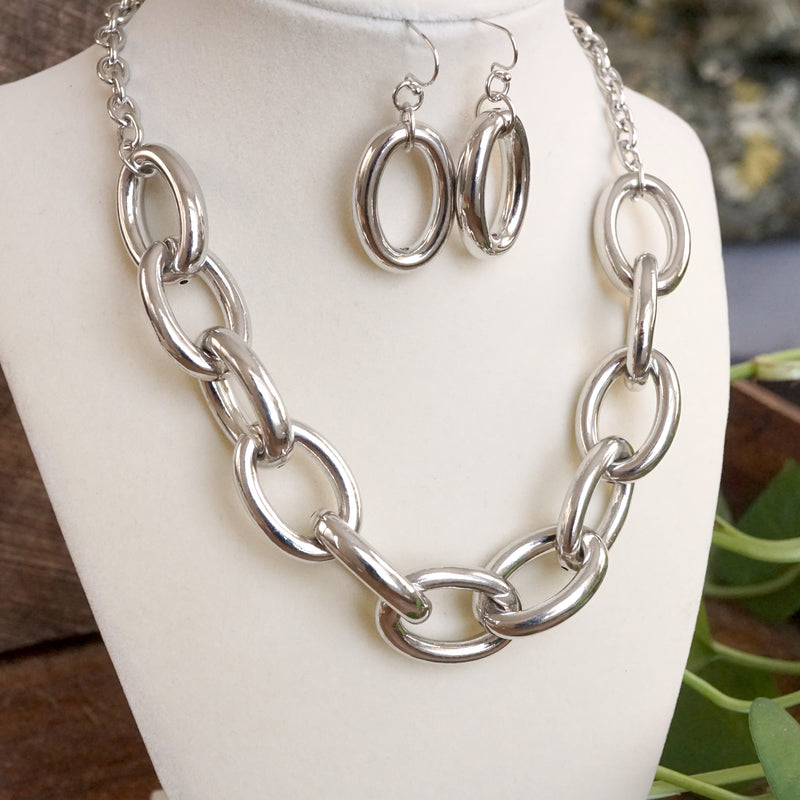 Chunky Chain Statement Necklace Set Gold Silver Tones