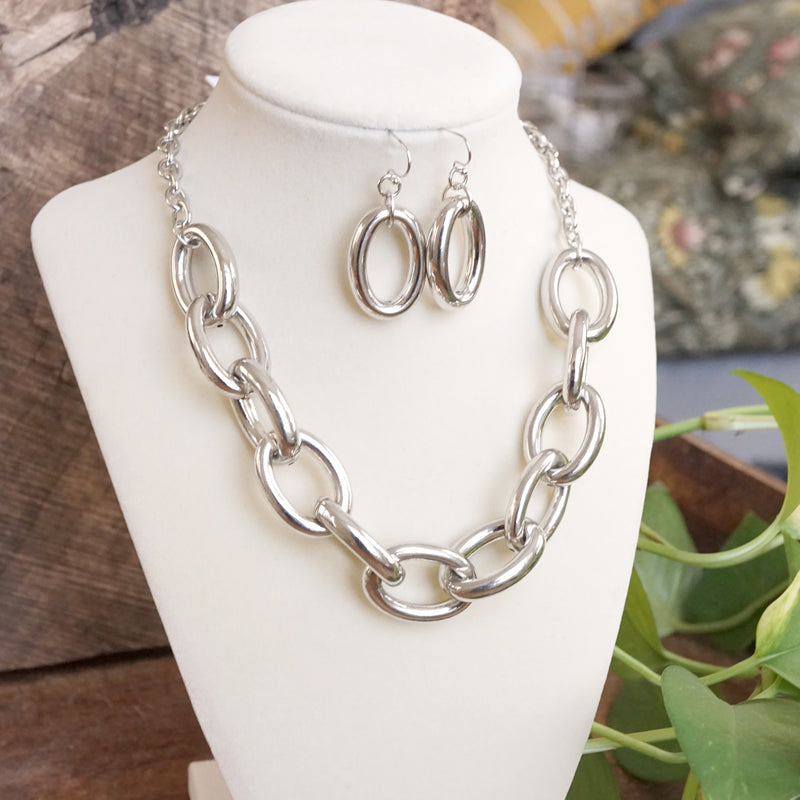 Chunky Chain Statement Necklace Set Gold Silver Tones