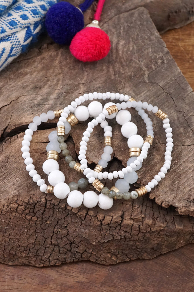 Beaded Bracelets stack of 4 piece with White Wood and Semi Precious stones glass golden beads