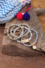 Beaded Bracelets stack of 4 piece with Gray Wood and Semi Precious bead stones glass golden coin