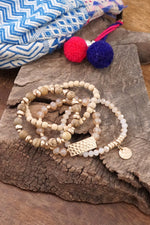 Beaded Bracelets stack of 4 piece with Natural Wood and Semi Precious bead stones glass golden coin