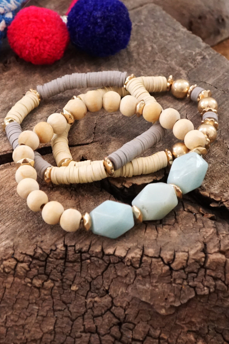 Bracelet Stack of 3 pieces Gold Neutral clay and wood beads and Green Amazonite chunky beads