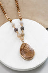 Beaded Long Necklace with Semi Precious Jasper Teardrop Stone Pendant