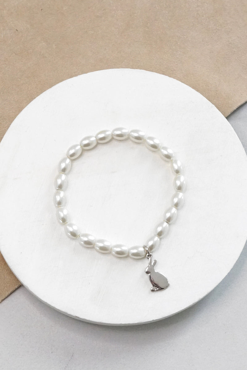 Easter pearl bracelet with silver tone bunny charm