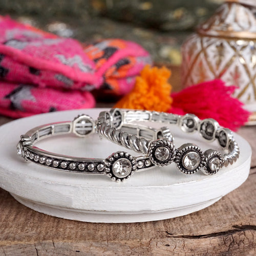 Western Vibes Timeless Layering Stretchy Bangles – Silver Tone & Crystals