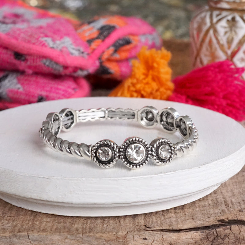 Western Vibes Timeless Layering Stretchy Bangles – Silver Tone & Crystals