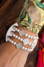 Crystal Quatrefoil Silver tone ball beads bracelet stack of 3 bracelets