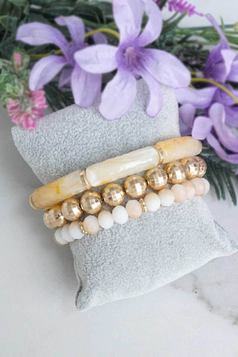 Bracelet Stack of 3 pieces Neutrals Acrylic Tubes Glass and Golden beads