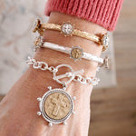 Cross Coin Chain Bracelet Toggle Closure Silver or Gold Tone