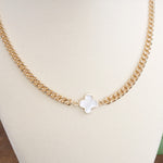 Dainty Mother of Pearl Clover Cuban Chain Necklace – Gold Tone