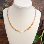 Dainty Mother of Pearl Clover Cuban Chain Necklace – Gold Tone