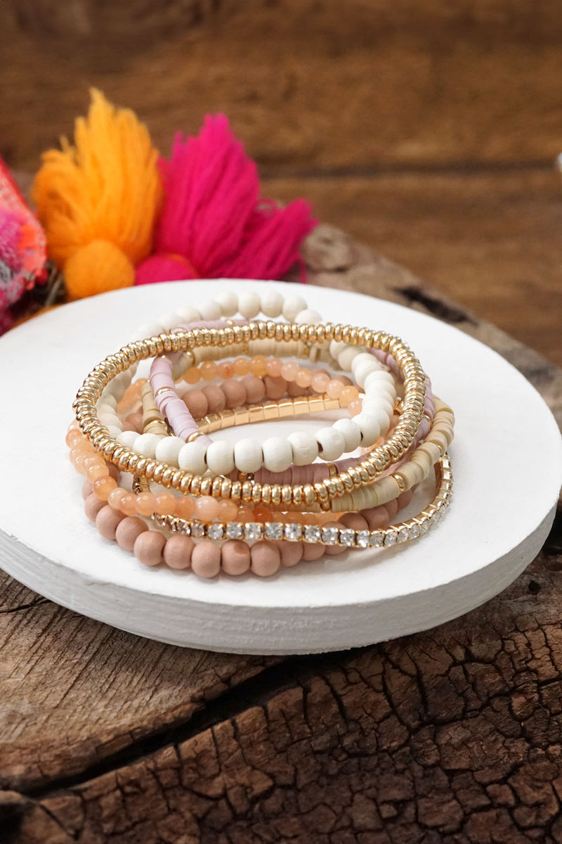 Beaded Bracelets stack of 7 in Pink and Neutral tones