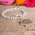 Cross Coin Chain Bracelet Toggle Closure Silver or Gold Tone