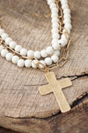 Multi Strand Wood Beads Short Statement Cross Necklace Cream